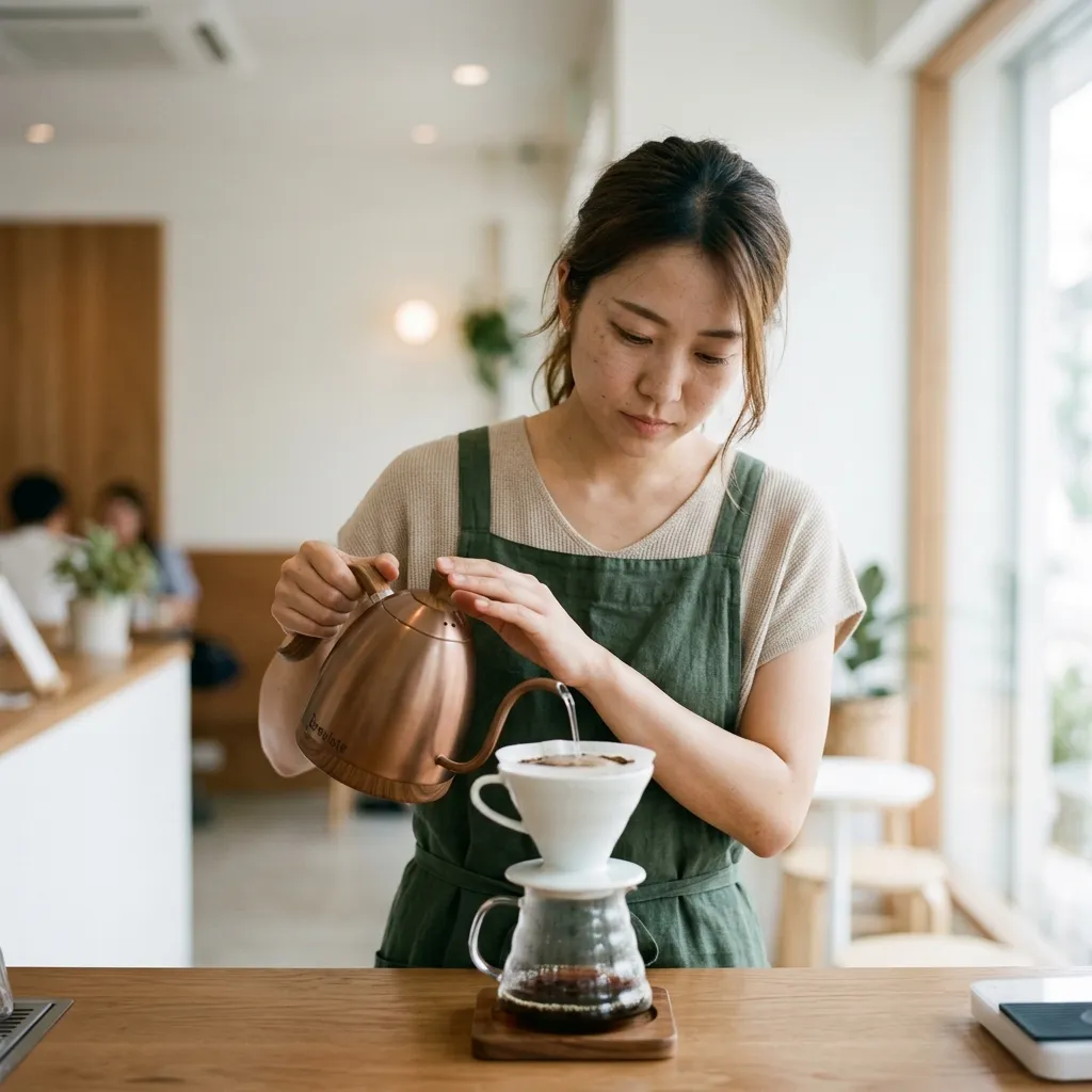 ハンドドリップでコーヒーを淹れるバリスタ
