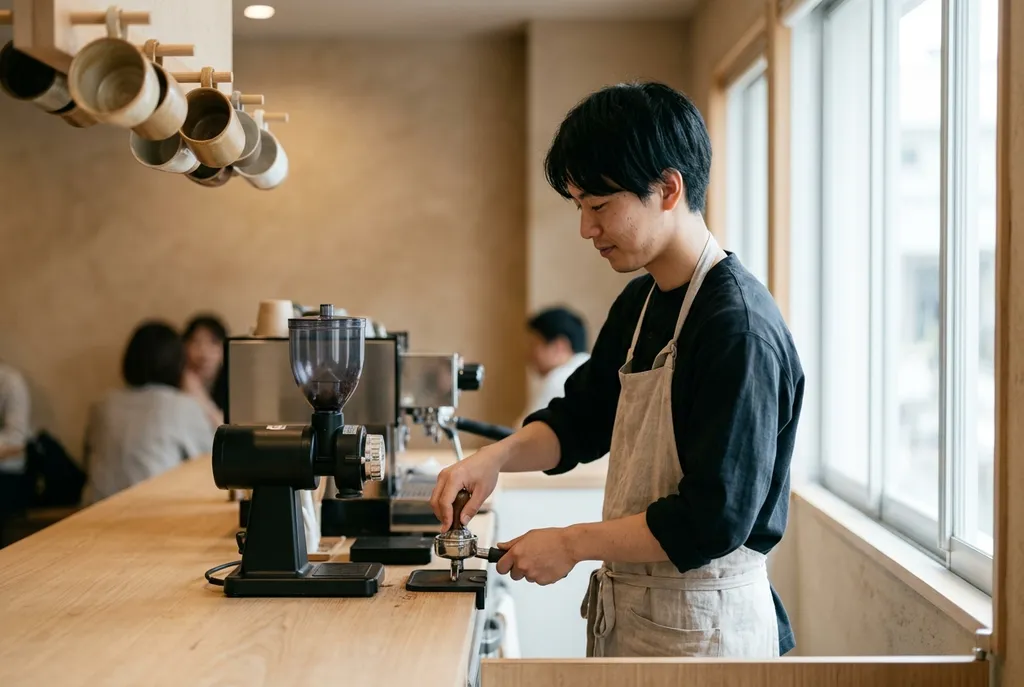 グラインダーとカップが並ぶカウンター
