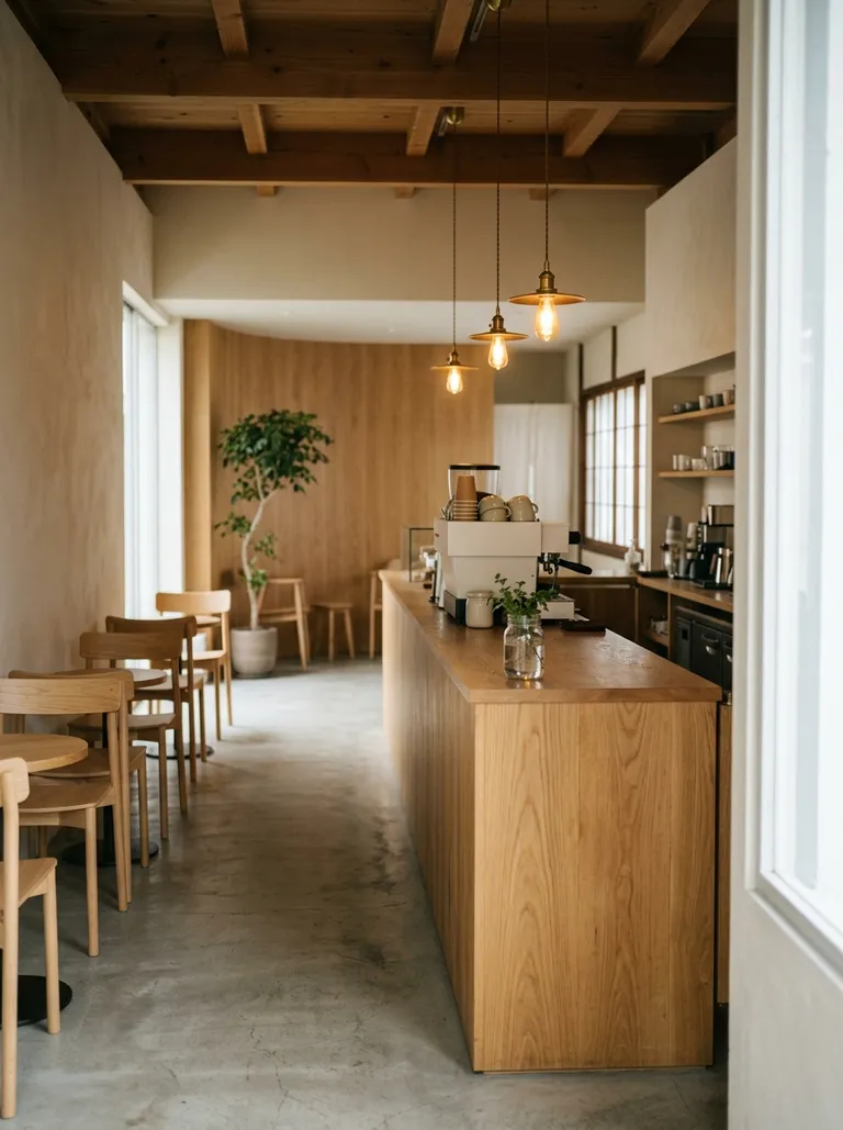 木のカウンターと暖かな照明の店内